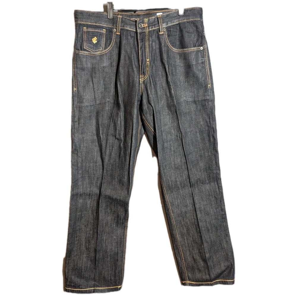 Rocawear Baggy Jeans 39x34 Dark Wash Y2K Reg Fit Raw Denim Streetwear Hip Hop